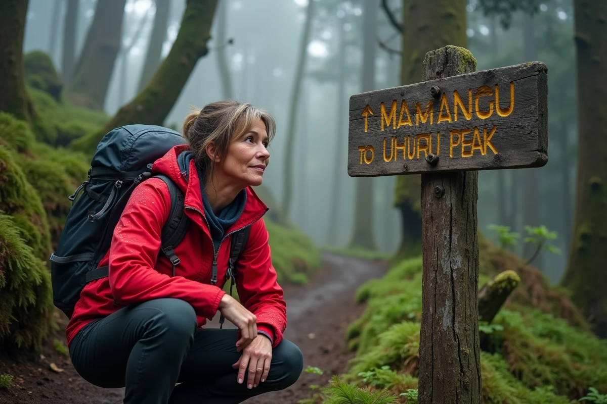 Randonneuse examinant un panneau indicateur sur la route de Marangu vers le sommet du Kilimandjaro en forêt tropicale