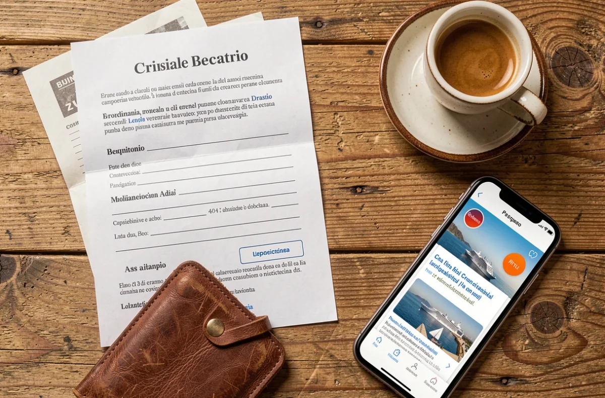 Mise en scène de réservation de croisière avec documents en italien, passeport et smartphone