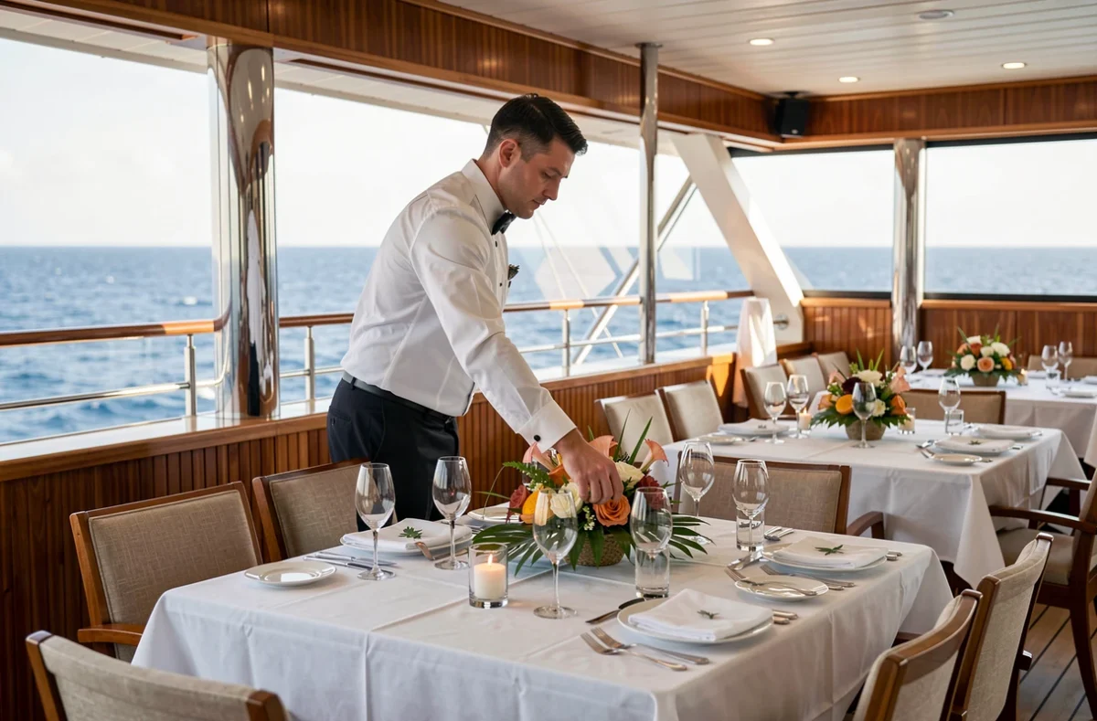 Salle de restaurant en plein air sur le Club Med 2 avec tables dressées et vue sur la mer