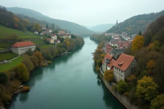 Vue panoramique du fleuve Rhin serpentant entre des collines couvertes de vignobles et des villages médiévaux en automne, frontière naturelle entre deux pays européens.