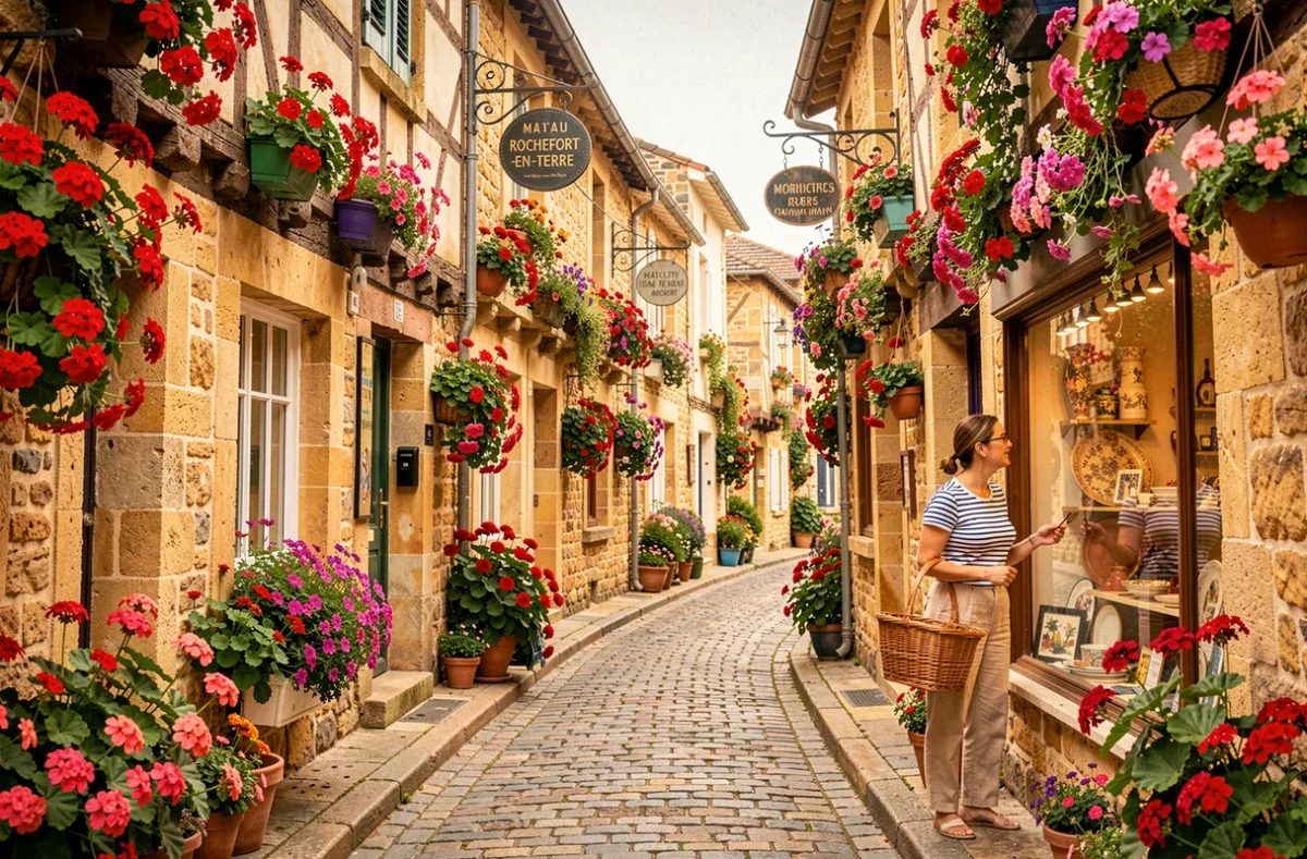 Rue fleurie de Rochefort-en-Terre avec ses maisons en pierre et colombages ornées de géraniums colorés, village classé du Morbihan