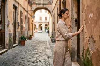 Femme seule explorant une ruelle déserte de Rome à l'aube, mains posées sur un mur en pierre ancienne, ambiance calme et authentique loin des touristes