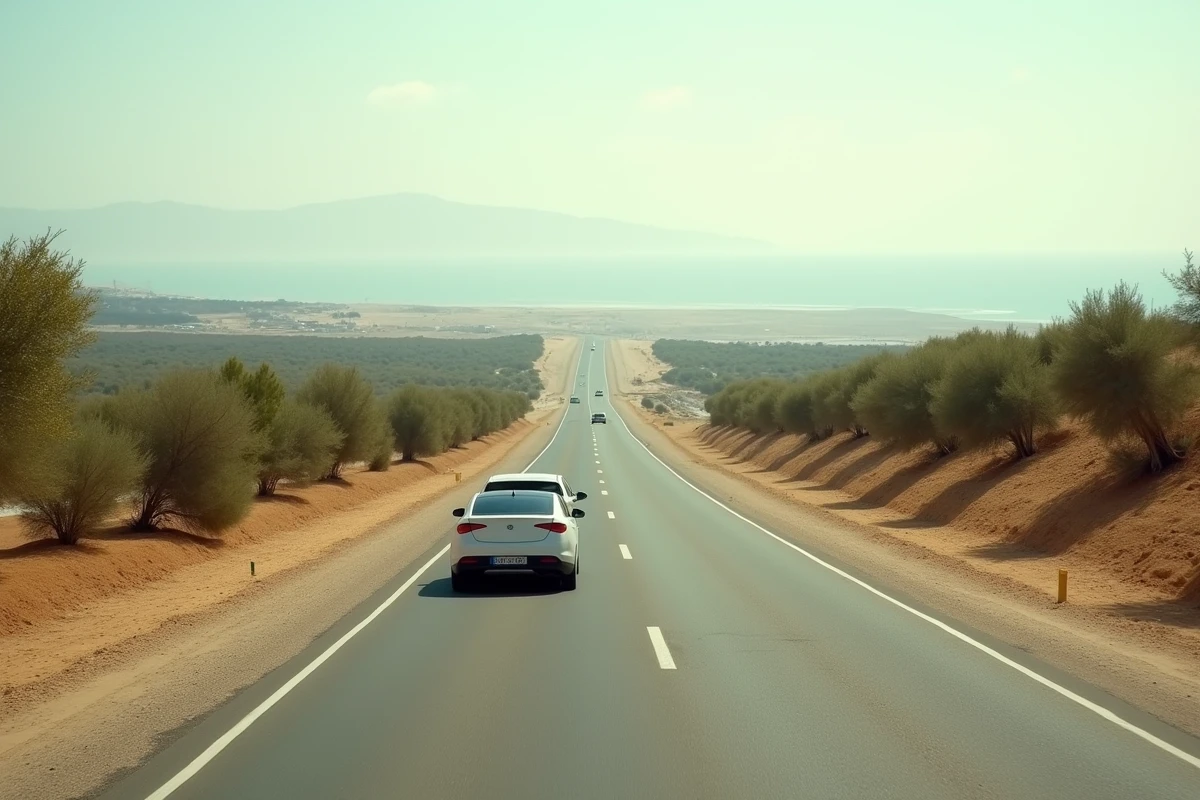 Route côtière tunisienne reliant Tunis à Monastir avec vue sur la mer Méditerranée et les plaines du Sahel
