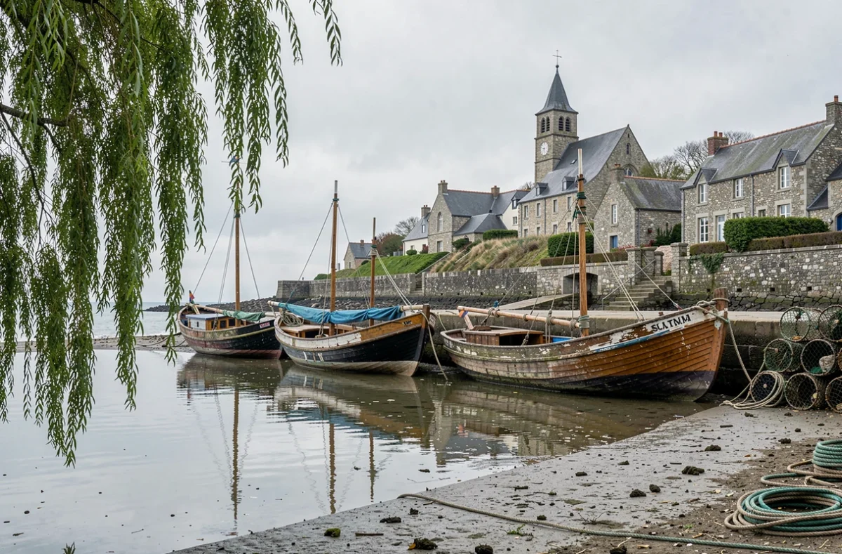 Village de Saint-Suliac perché sur la Rance avec ses bateaux de pêche traditionnels échoués sur l'estran à marée basse