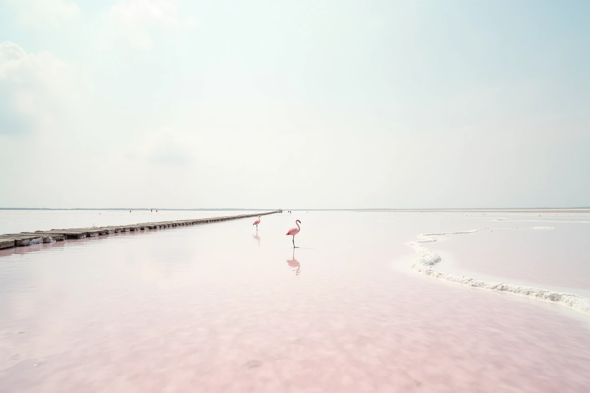 Salins de Gruissan avec flamants roses et reflets sur les marais salants de l'Aude en Méditerranée