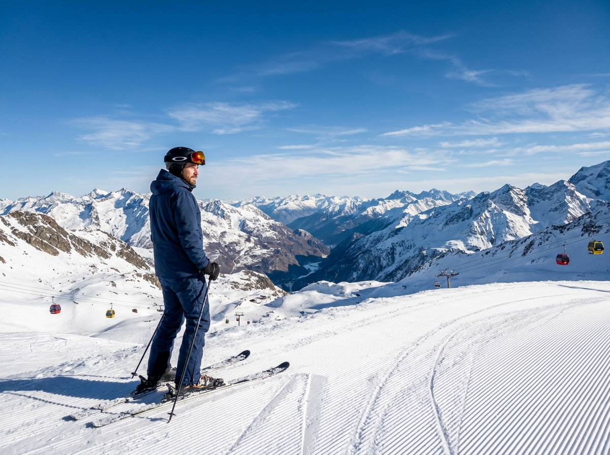 Skieur solitaire sur un domaine skiable des Alpes du Sud contemplant un panorama de sommets enneigés