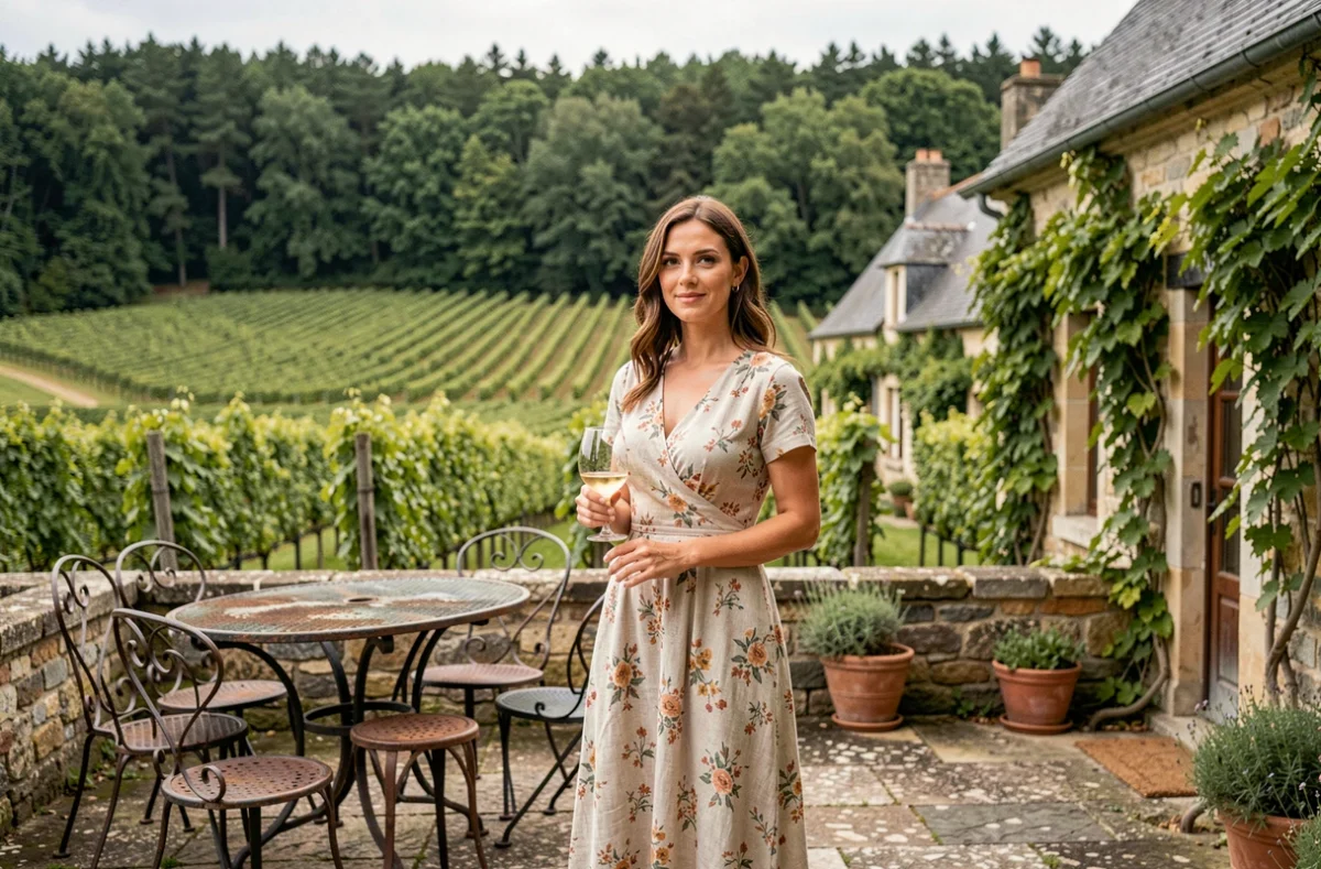 Femme dégustant un vin blanc sur la terrasse en pierre des Sources de Cheverny, entourée de vignes et de forêt