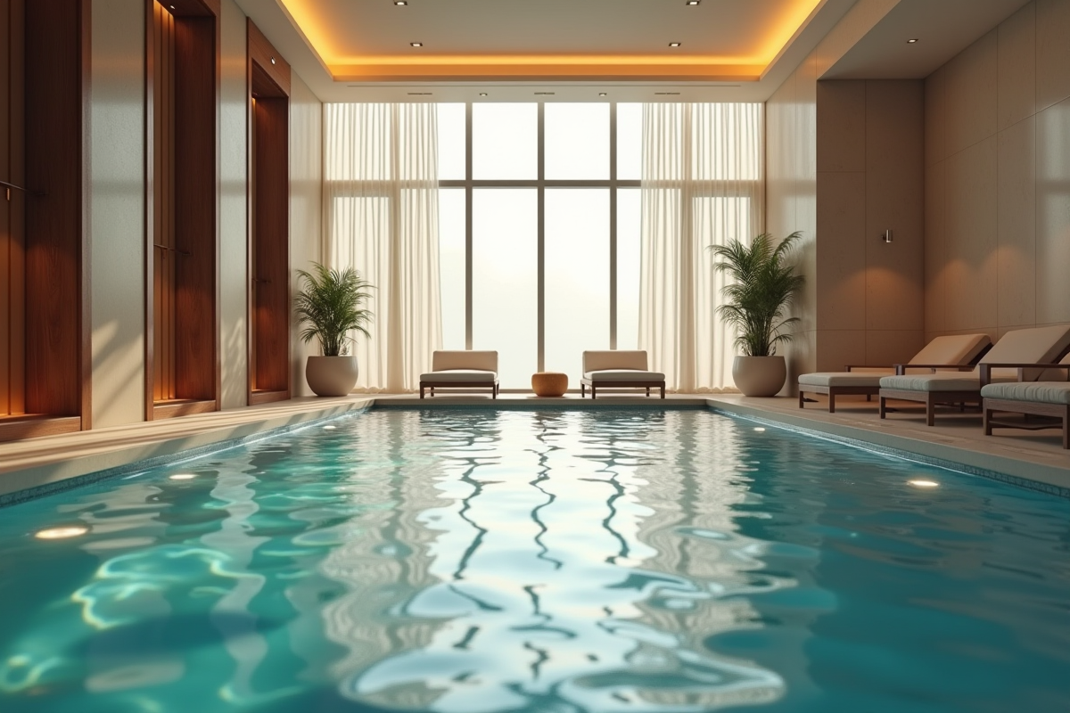 Spa privé intérieur avec piscine chauffée et décoration moderne