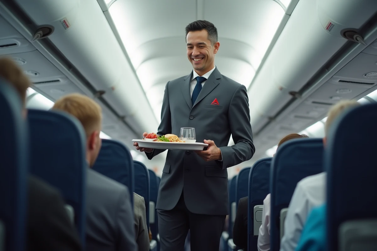 Steward Delta Airlines servant un repas à bord d'un vol transatlantique New York-Paris en classe économique