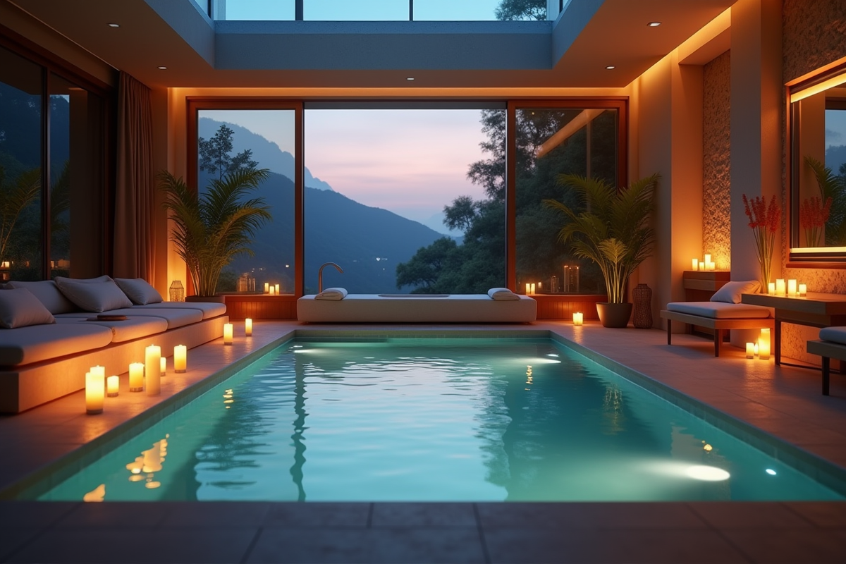 Suite spa privée au crépuscule avec piscine éclairée et ambiance chaleureuse