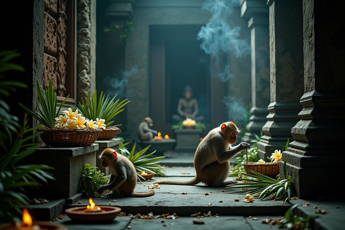 Sanctuaire de temple hindou dans la Forêt des Singes Sacrés d'Ubud avec des offrandes en feuilles de palmier, des fleurs de frangipanier et deux macaques se toilettant sur la pierre sculptée volcanique