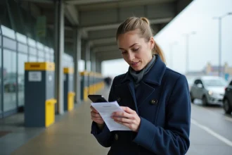 Voyageuse consultant son billet et smartphone au terminal d'embarquement Le Shuttle à Folkestone avant de traverser le tunnel sous la Manche