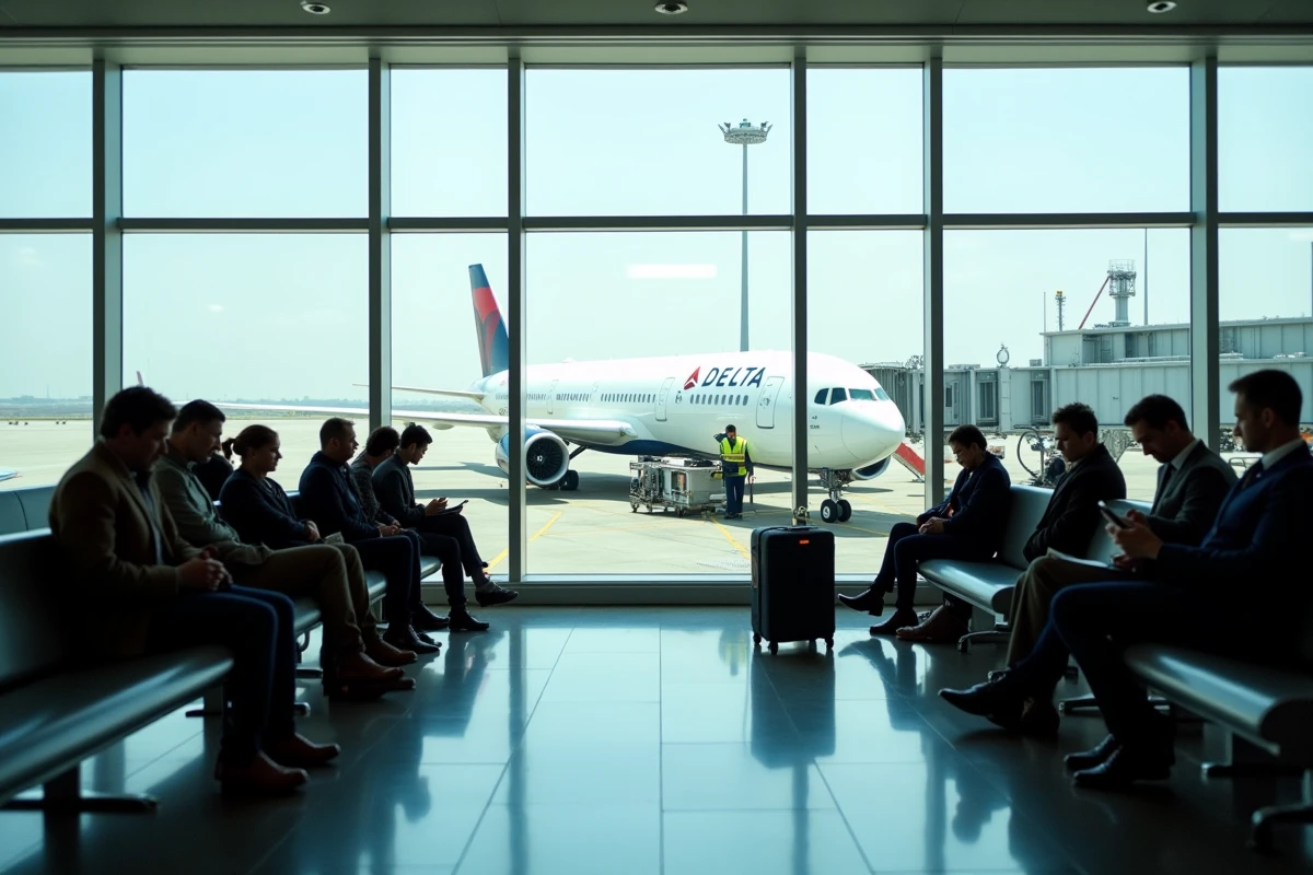 Salle d'embarquement de l'aéroport JFK avec avion Delta Airlines prêt pour le vol vers Paris