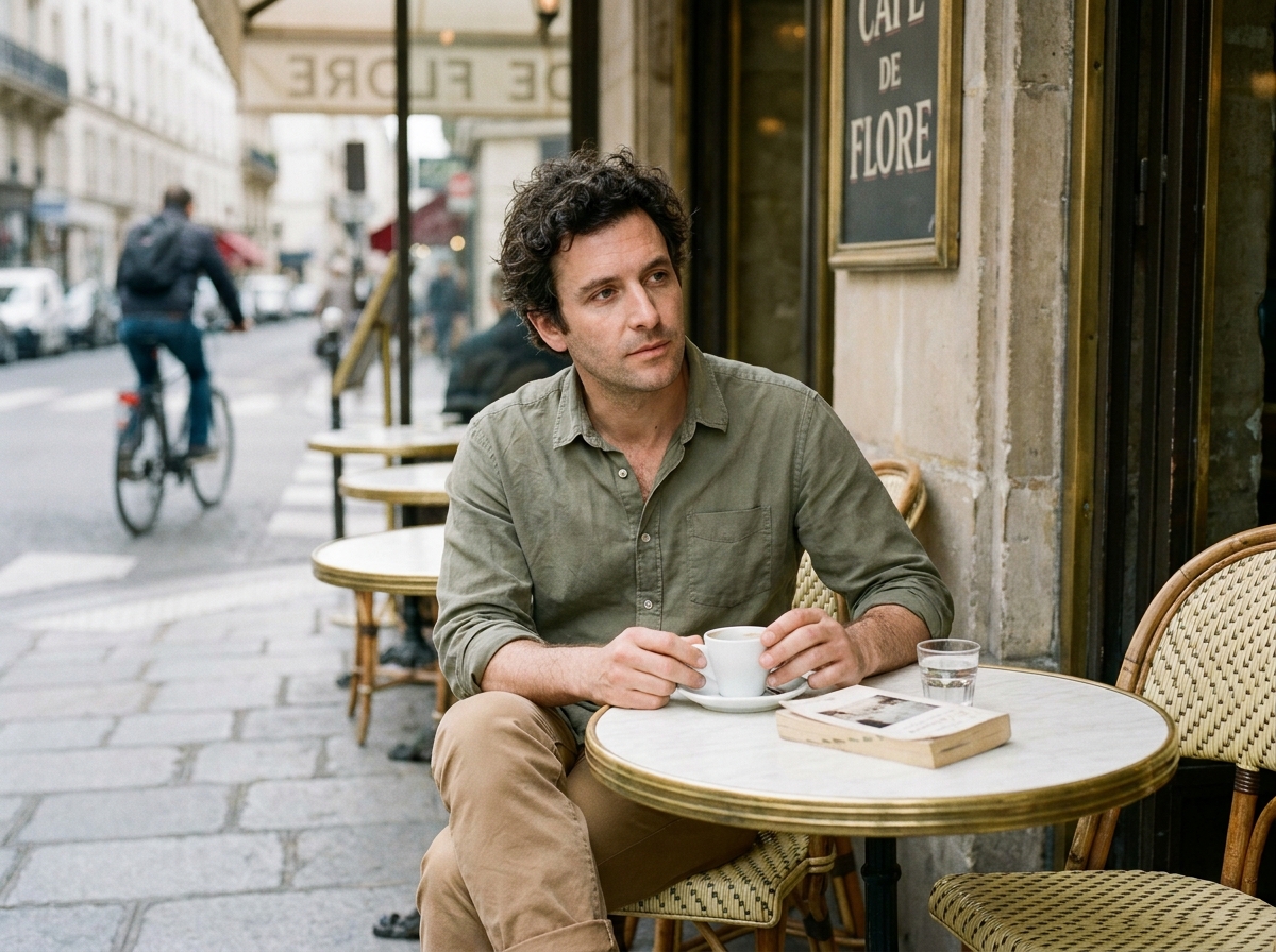 Homme attablé en terrasse d'un café parisien classique à Saint-Germain-des-Prés savourant un espresso avec un livre