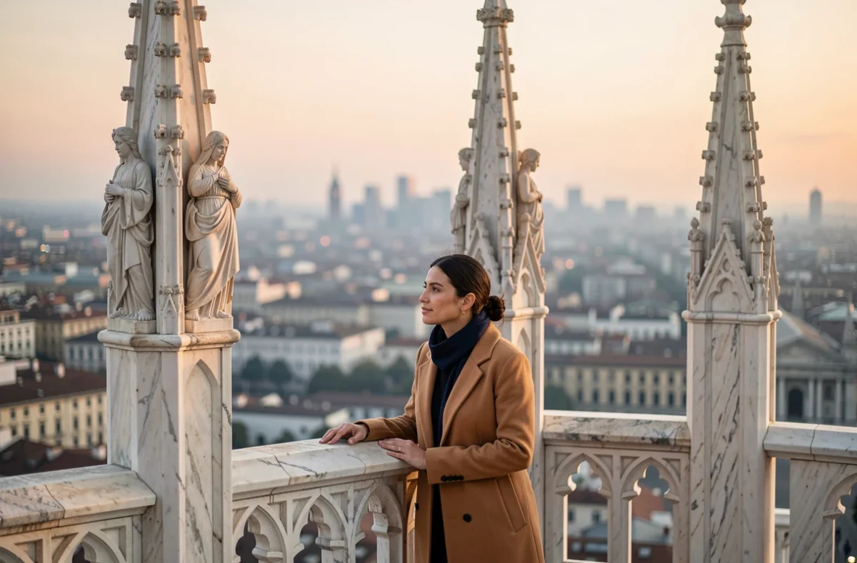 Femme sur la terrasse du Dôme de Milan au lever du soleil, entourée de flèches en marbre avec vue panoramique sur la ville