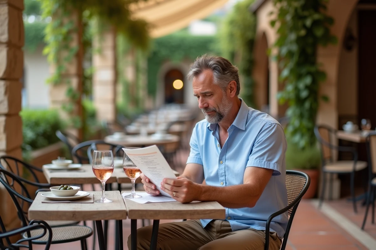 Homme attablé en terrasse d'un restaurant provençal traditionnel à Avignon avec un verre de rosé et une vue sur le Palais des Papes