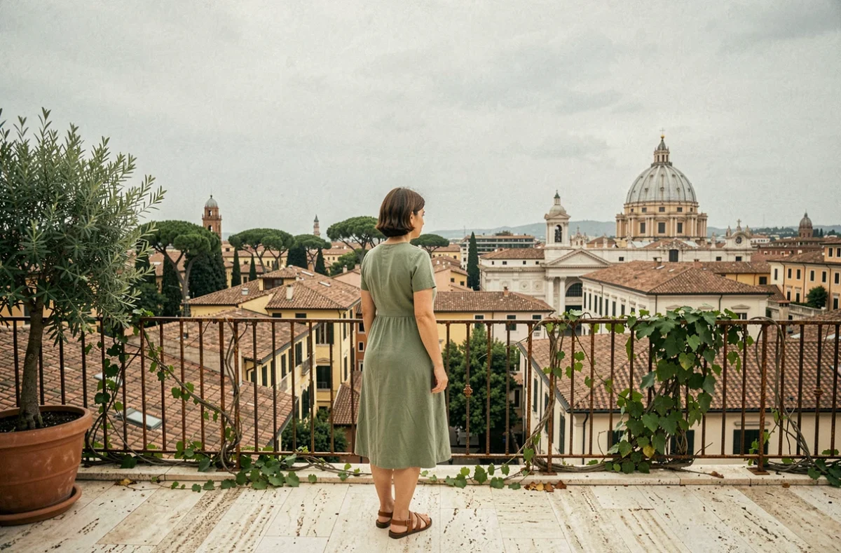 Femme seule sur une terrasse romaine avec vue panoramique sur les toits de Rome et le dôme de Saint-Pierre, voyage calme hors des sentiers touristiques