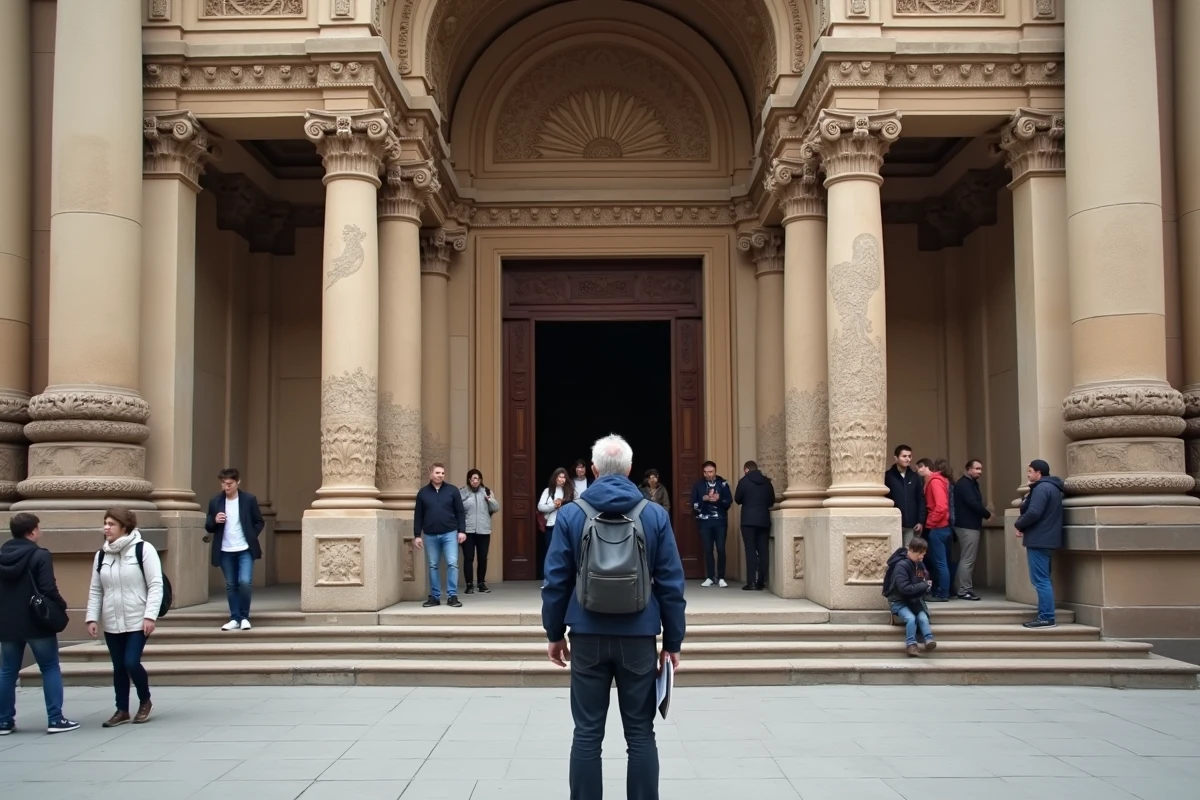 Touriste masculin devant l'entrée d'un monument historique emblématique d'une capitale touristique mondiale