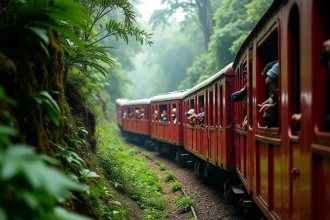 Train à crémaillère rouge gravissant la forêt atlantique dense vers le Corcovado à Rio de Janeiro