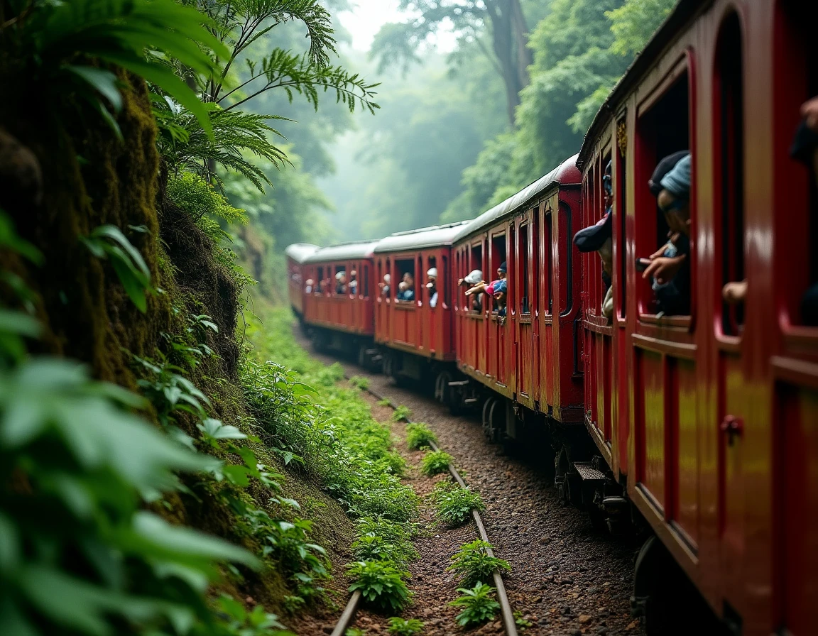 Train à crémaillère rouge gravissant la forêt atlantique dense vers le Corcovado à Rio de Janeiro