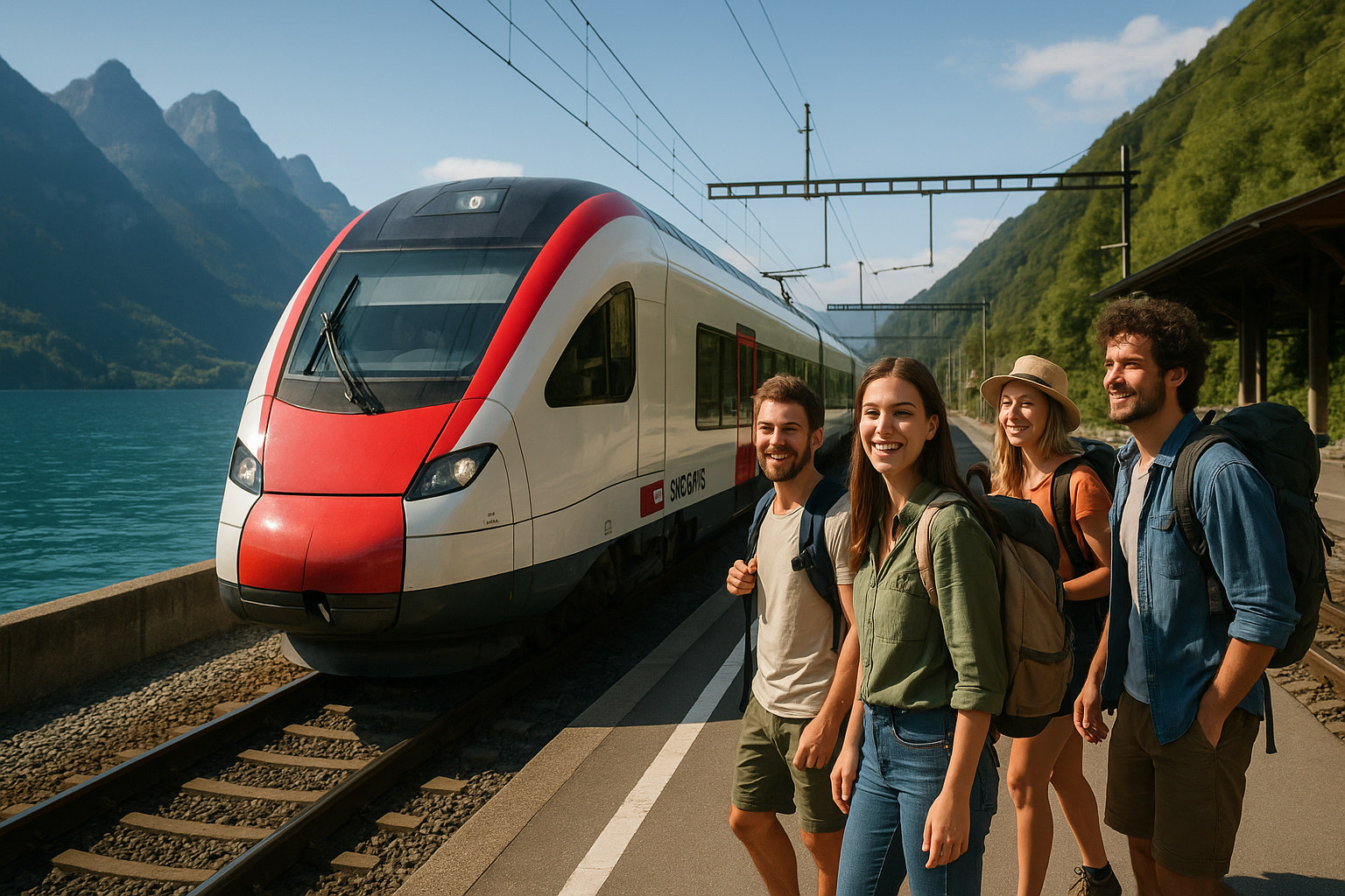 Train suisse moderne arrivant au bord du lac avec voyageurs