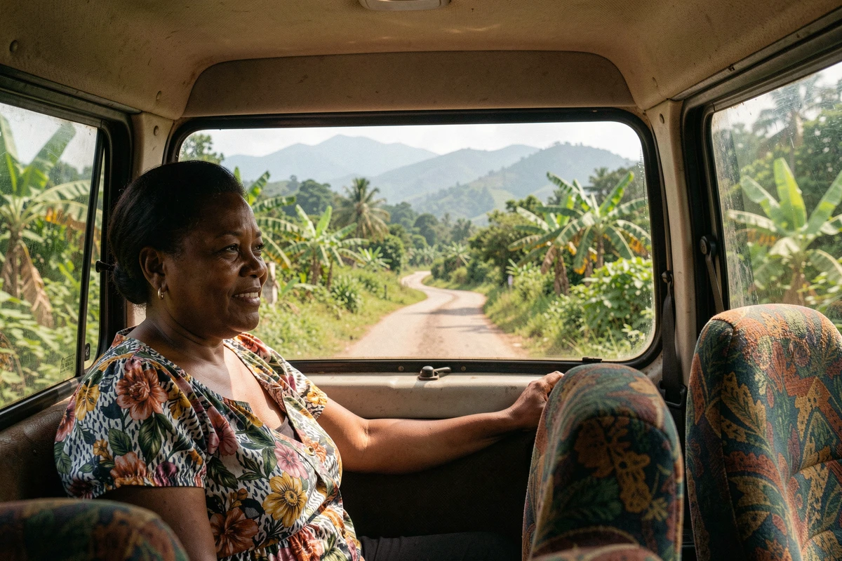 Passagère haïtienne regardant le paysage montagneux depuis un minibus en route vers Ganere Haïti