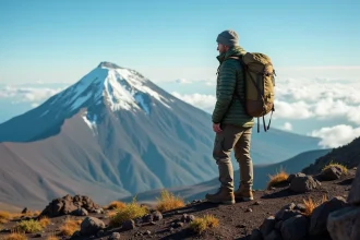 Trekkeur face au sommet enneigé du Kilimandjaro lors d'une randonnée en haute altitude en Tanzanie