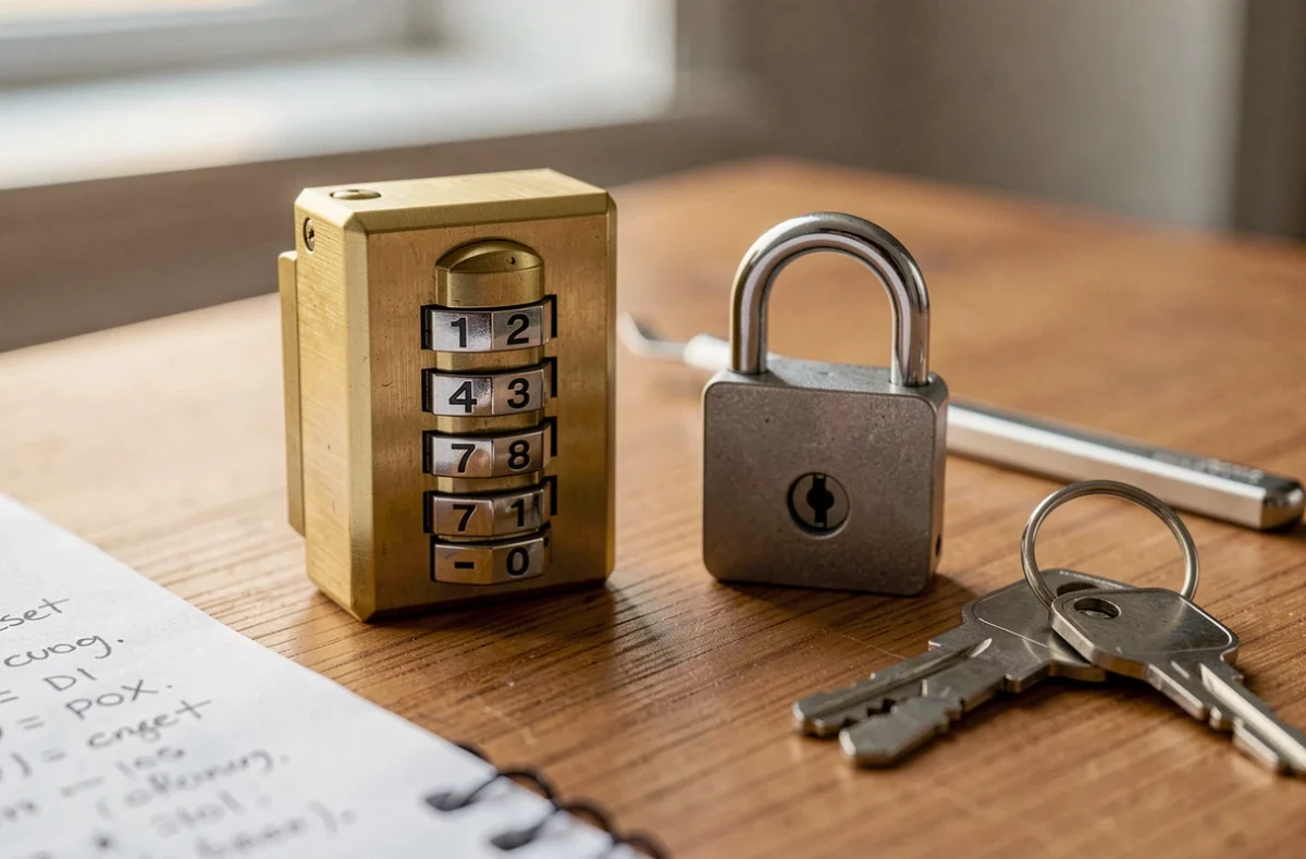 Gros plan de différents types de cadenas de valise sur un bureau avec outils de réinitialisation