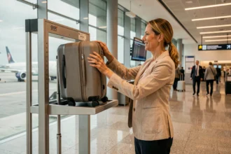 Femme plaçant une valise cabine dans un gabarit de contrôle en aéroport pour vérifier les dimensions autorisées