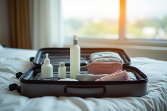 Valise ouverte sur un lit avec produits de toilette voyage