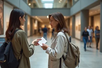 Touriste française vérifiant son bon de réservation Get Your Guide auprès d'un agent d'accueil dans un musée européen