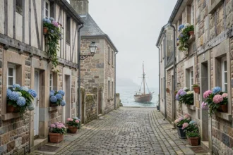 Vue panoramique d'un village breton typique avec maisons en granite, ruelles pavées et bateaux de pêche dans un port brumeux