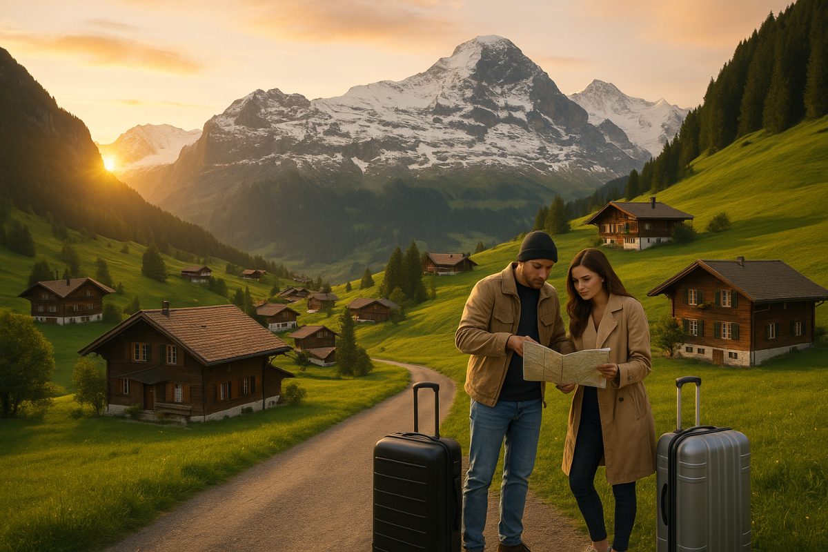 Village suisse au lever du soleil avec chalets et montagnes