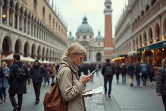 Foule de touristes internationaux dans une grande place urbaine d'une ville touristique mondiale en 2026