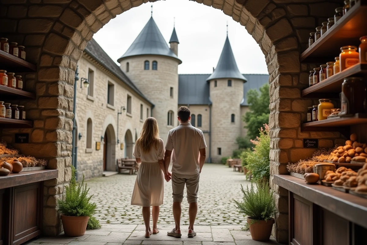 Couple visitant un marché artisanal dans la cour d'un château fort en Bourgogne avec produits régionaux locaux