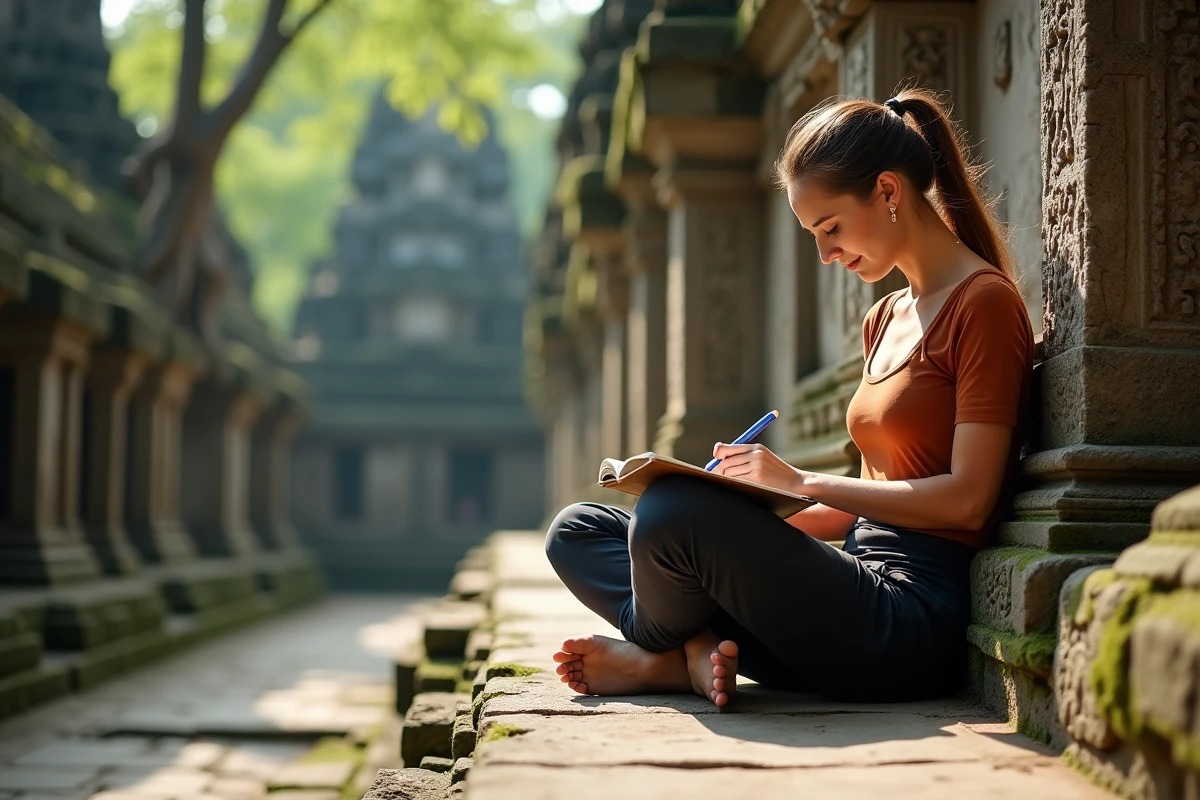 Femme voyageant seule assise sur des ruines de temple en Asie du Sud-Est, écrivant dans un journal de voyage