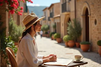 Femme voyageant seule dans un village méditerranéen ensoleillé, assise en terrasse avec carte et café