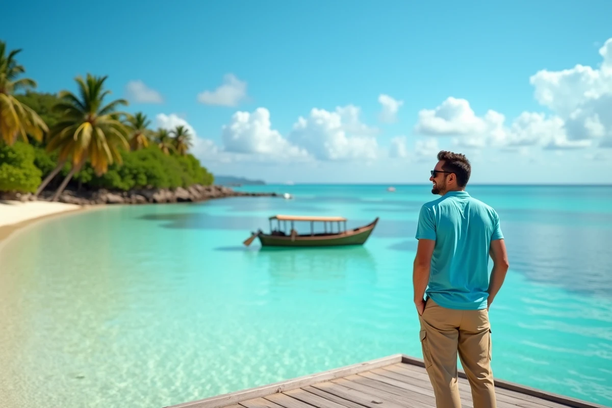 Homme en voyage solo debout sur un ponton en bois face à un lagon turquoise tropical