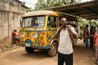 Homme haïtien montant dans un tap-tap coloré sur la route entre Port-au-Prince et Ganere Haïti