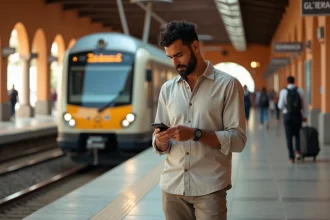 Voyageur tunisien sur le quai de la gare de Tunis-Ville consultant son téléphone avant le départ pour Monastir