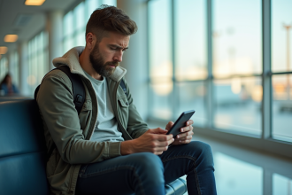 Voyageur inquiet regardant son portefeuille à l'aéroport