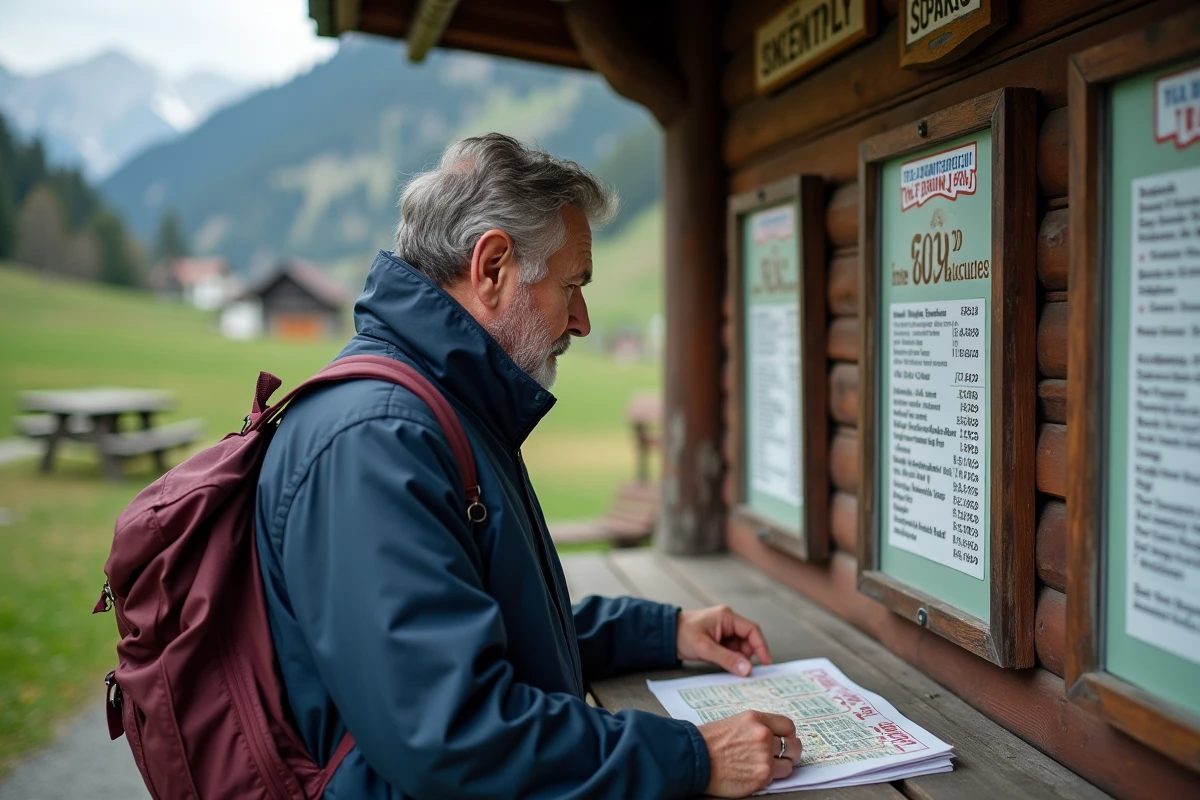 Homme seul vérifiant les prix du spectacle à un kiosque en montagne
