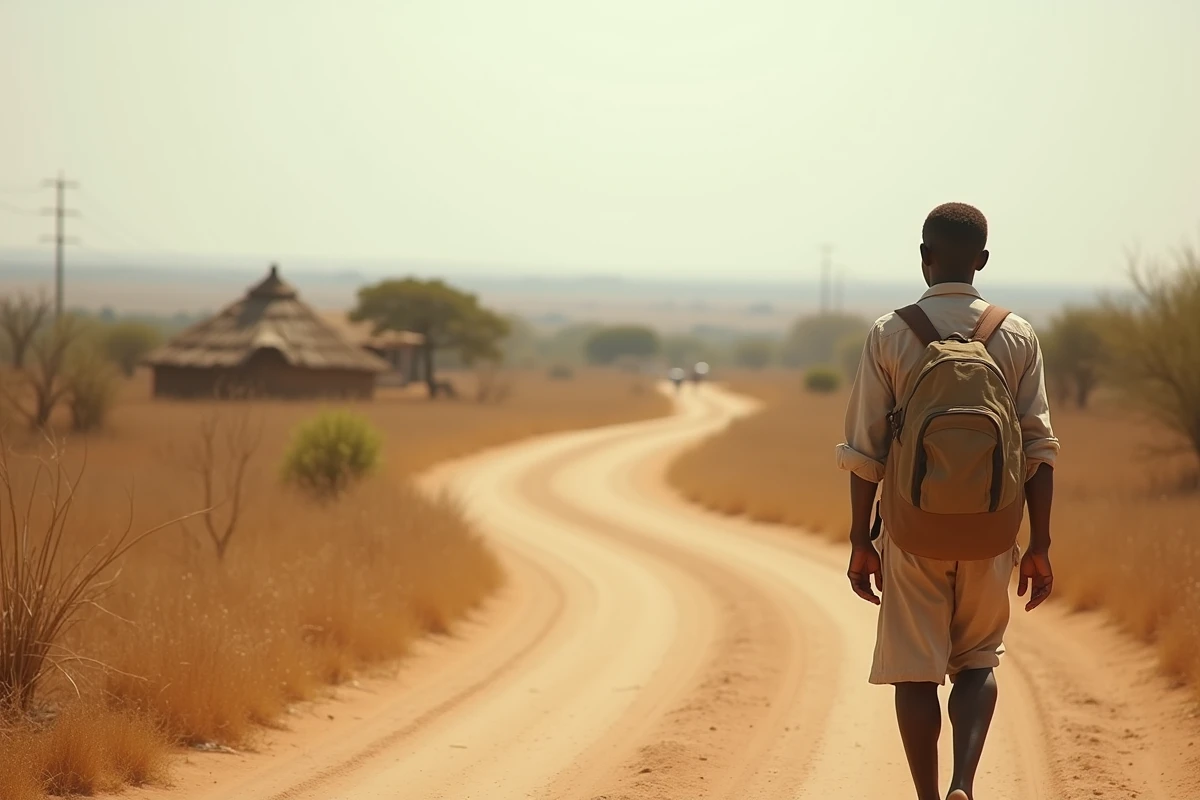 Voyageur solitaire marchant sur une piste de terre vers un village de Koriom au Soudan du Sud