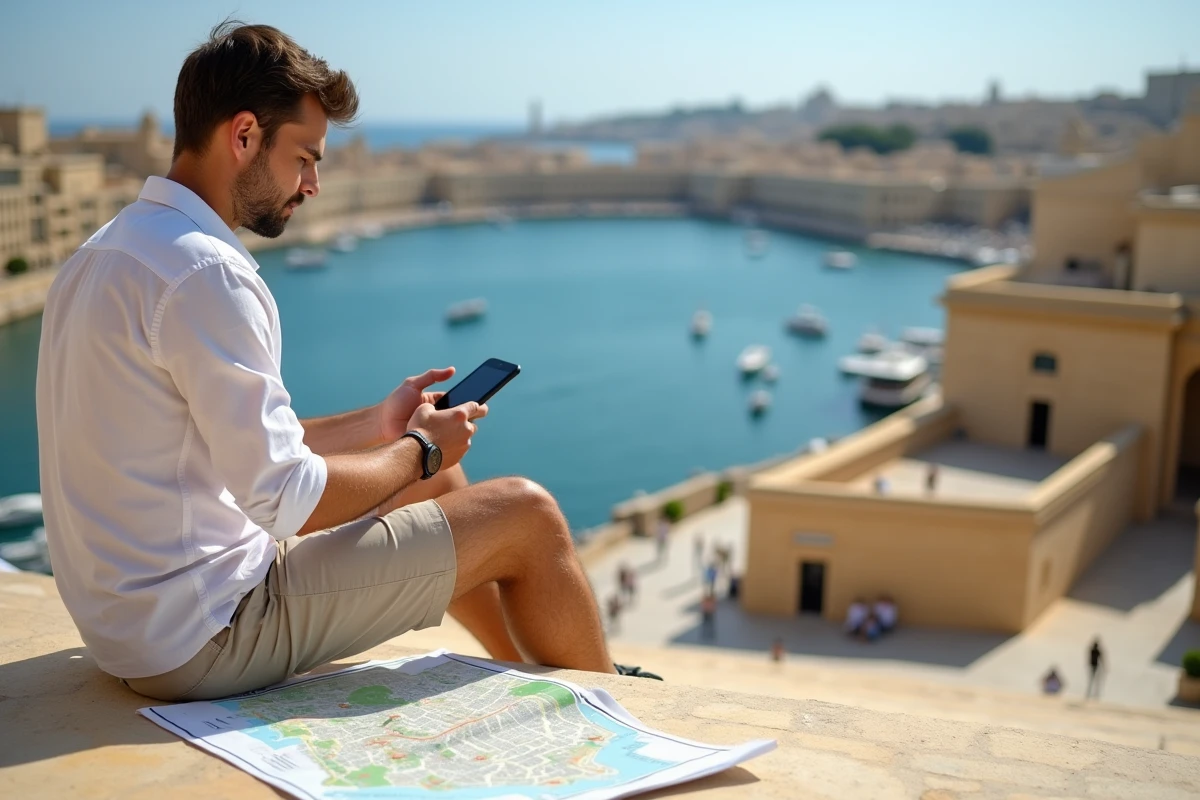 Voyageur solo consultant une application de gestion de budget sur smartphone aux jardins Upper Barrakka de La Valette, avec le Grand Port en arrière-plan