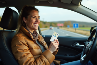 Voyageur souriant dans une voiture moderne avec permis européen