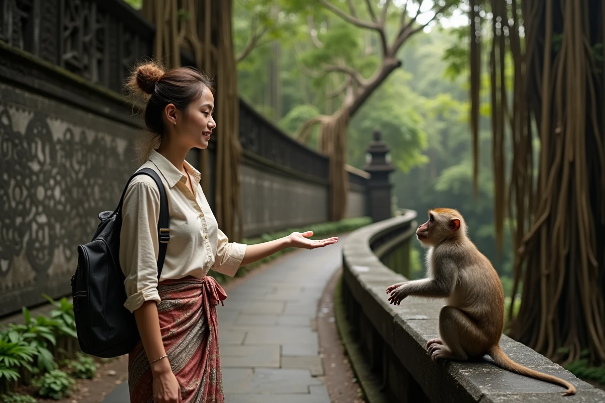 Voyageuse en sarong balinais tendant la main vers un macaque sur un chemin de pierre dans la Forêt des Singes Sacrés d'Ubud, immersion authentique dans la jungle tropicale de Bali