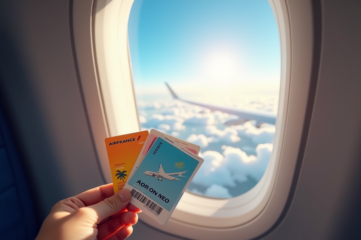 Vue par la fenêtre d un avion sur les nuages avec bons de voyage colorés