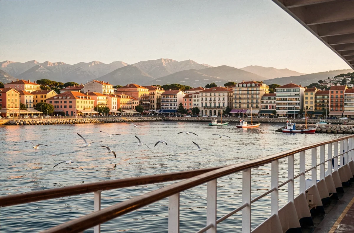 Vue depuis un bateau de croisière quittant le port de Nice avec les toits rouges et la baie des Anges