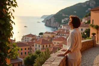 Femme méditerranéenne au parapet d Eze au coucher du soleil