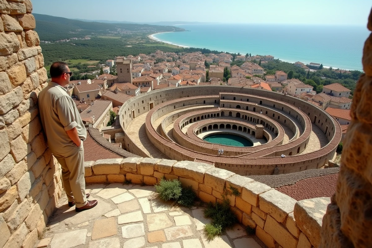 Vue panoramique sur les toits de Gruissan et la Méditerranée depuis la Tour Barberousse avec village circulaire médiéval